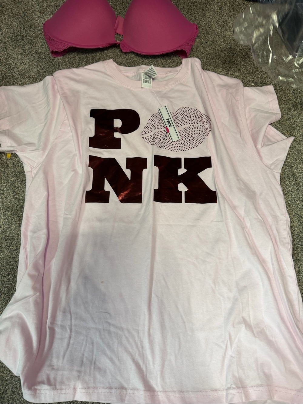 PINK Victoria's Secret Light Pink Tee with Shiny Maroon PNK Lips bling